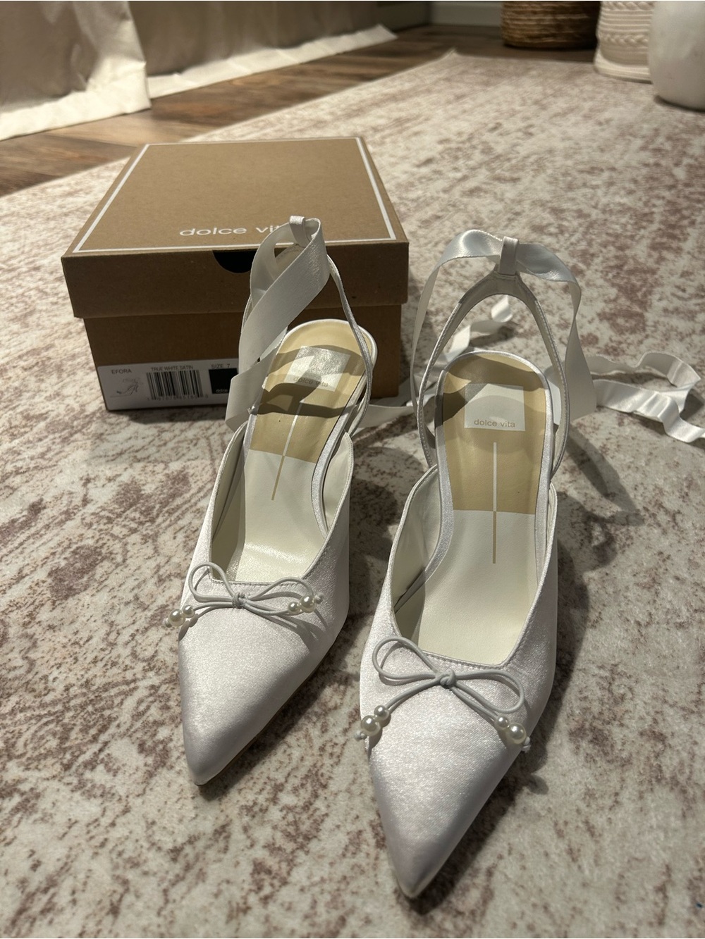 Dolce Vita White Satin Pointed Toe Sling Heels with Pearl Bow